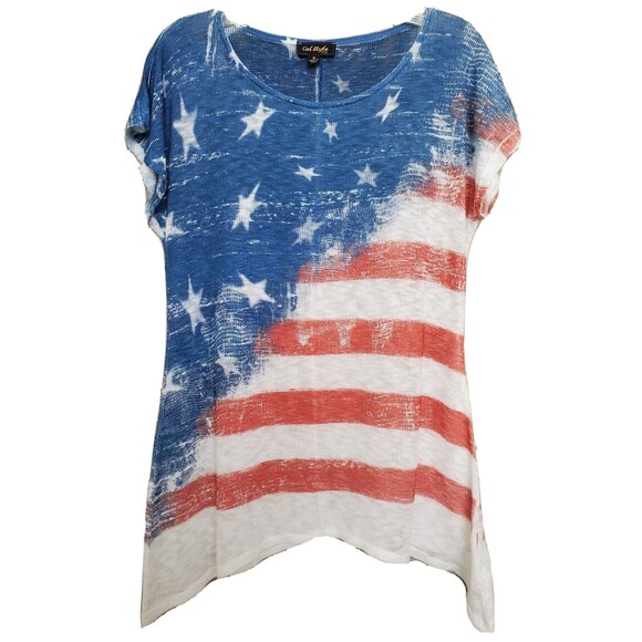 Cal Style USA American Flag Loose Knit Shark Bite Hem Pullover Tunic Size Small - Picture 1 of 4